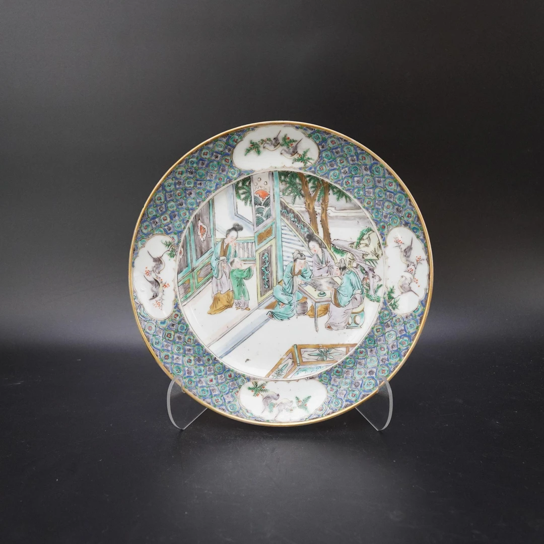 A01137 清咸丰广彩人物故事花鸟纹赏盘 直径：21.7cm