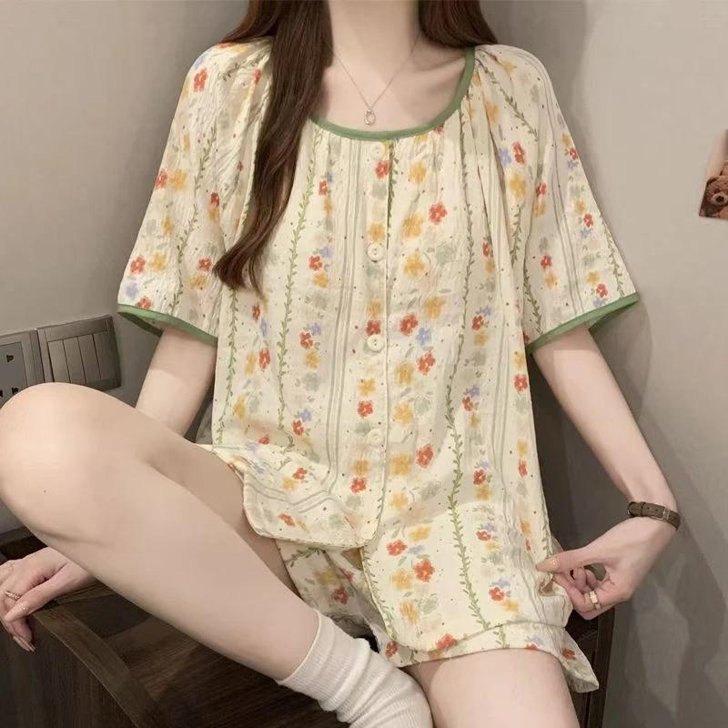 1704# 法式碎花短袖短裤睡衣女套装宽松甜美带胸垫小香风家居服