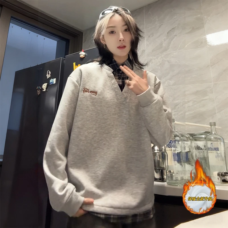 假两件拼接衬衫领卫衣男秋冬加绒美式复古格子上衣学院风情侣外套