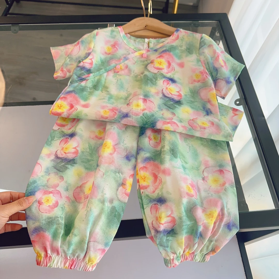 93镜中花  国风在仓棉绸亲子短袖套装2025夏季女童短袖长裤套装