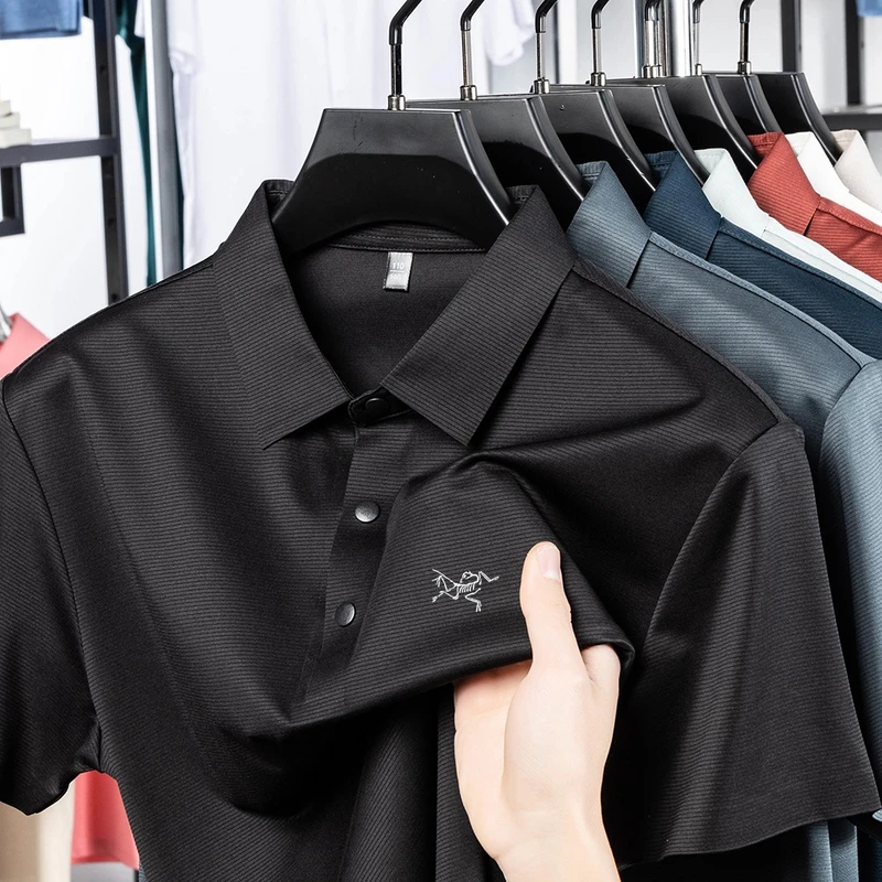 【1折专区·限购2件】新款鸟家男士刺绣桑蚕丝冰丝翻领polo衫夏季t恤