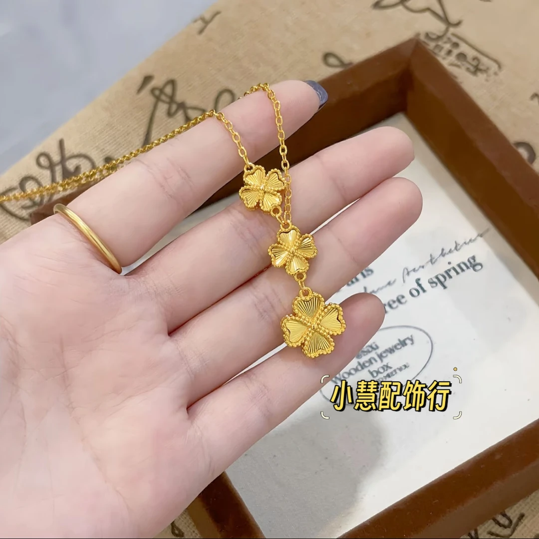 铜项链 【小慧家】新中式镭射幸运草项链复古百搭时尚