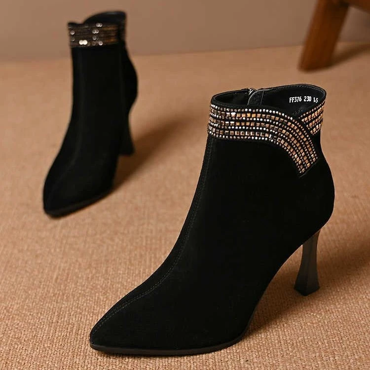 细跟黑色高跟短靴子尖头侧拉链秋冬高跟防滑磨砂