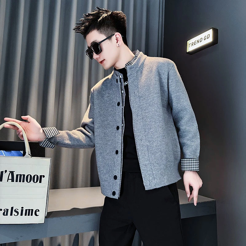 假两件外套男士2025新款秋冬季潮牌潮流青年高级感立领针织衫毛衣