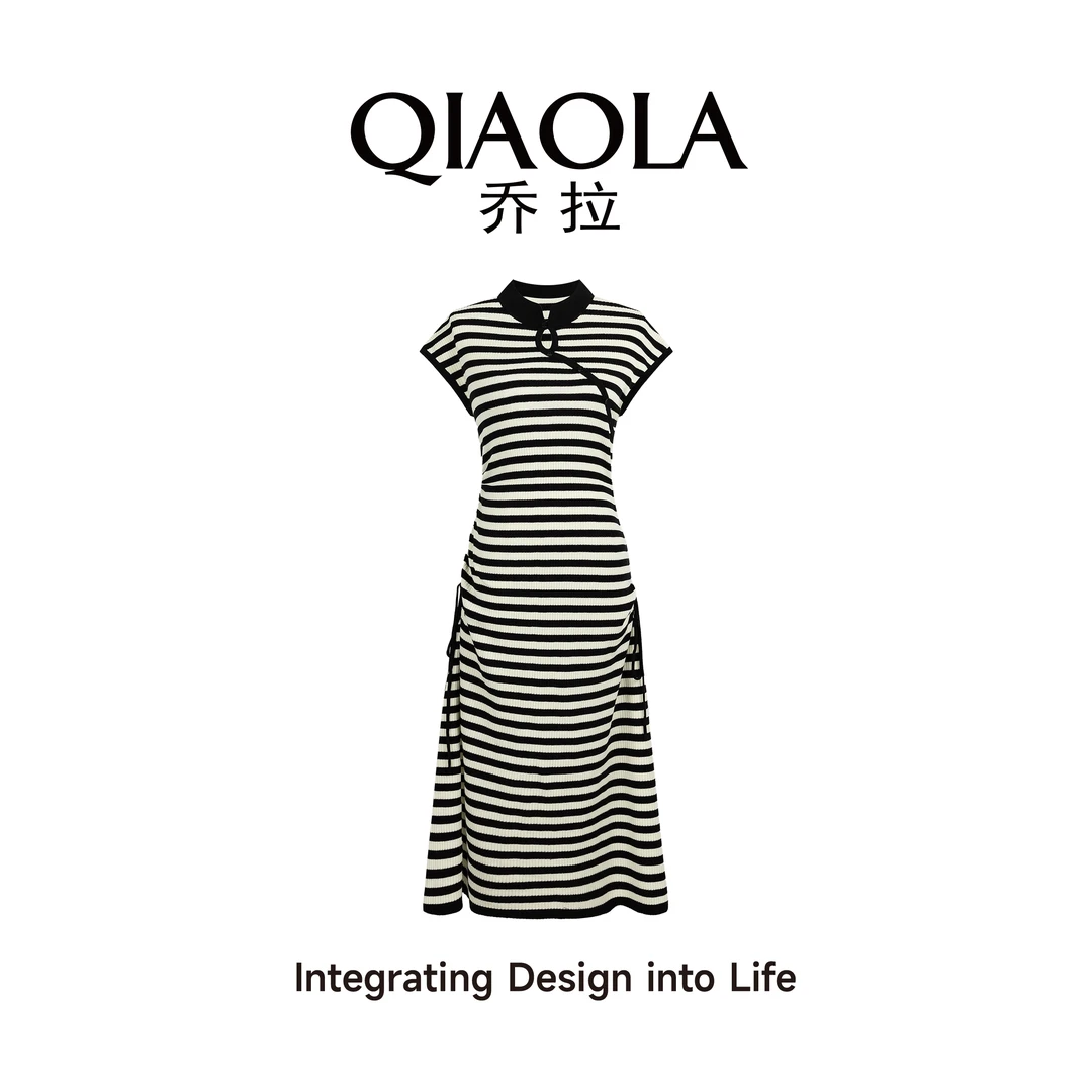 QIAOLA/乔拉【钢琴序曲】夏季冰爽丝条纹小立领抽绳显瘦连衣裙预售