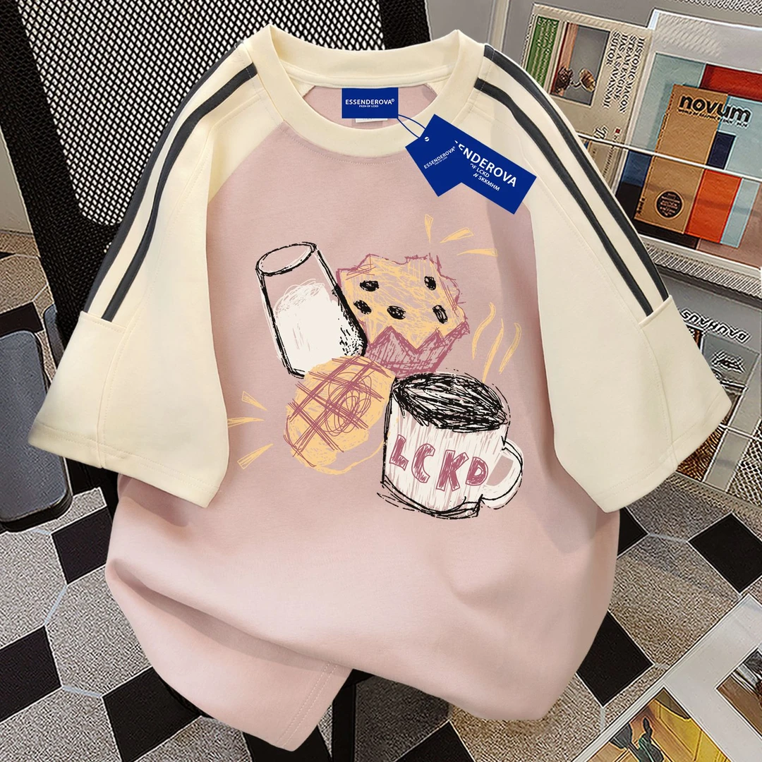 100%纯棉美式百搭流行图案短袖t恤男女夏季宽松简约韩版学生上衣