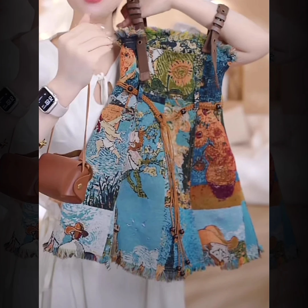 女童复古法式吊带裙2025春夏款背带沙滩裙提花油画风夏装百搭裙子