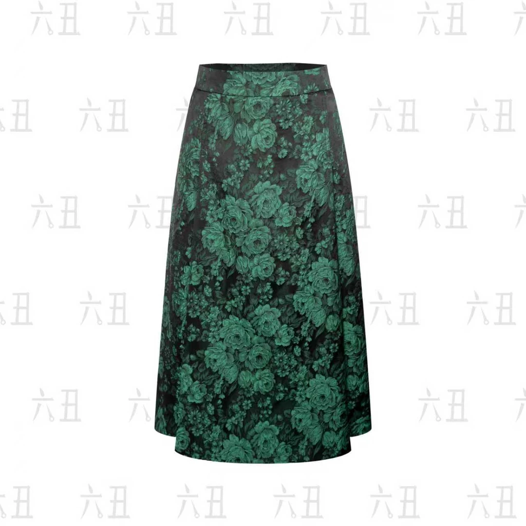 【六丑】新款时尚百搭显瘦通勤绿色玫瑰印花半裙509ABQ0141