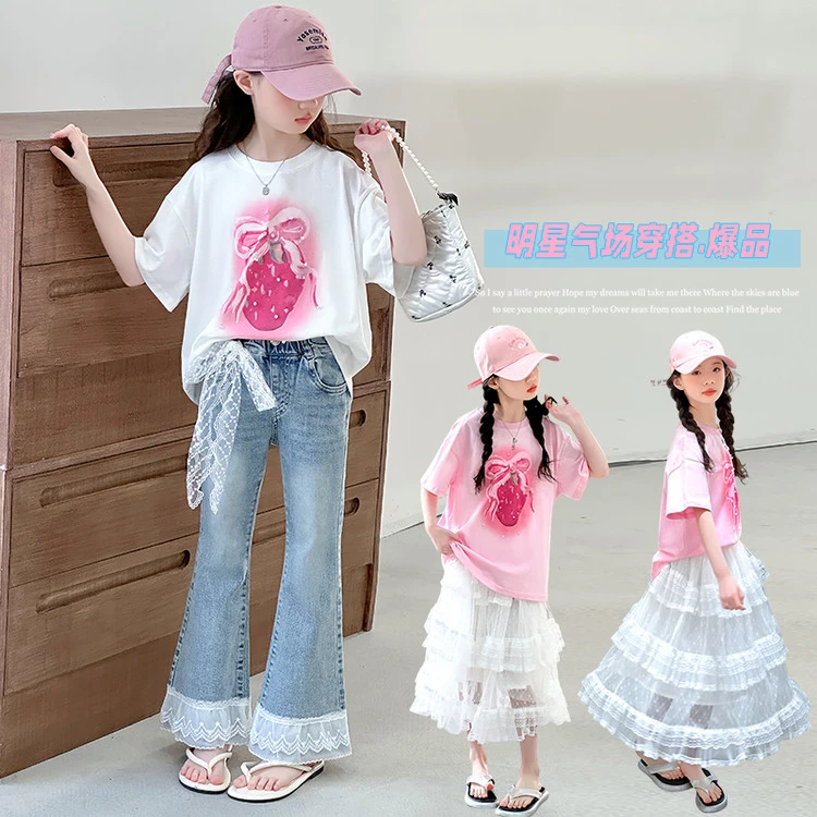 女童短袖套装2025新款儿童夏季韩版休闲两件套蝴蝶结印花百搭款式