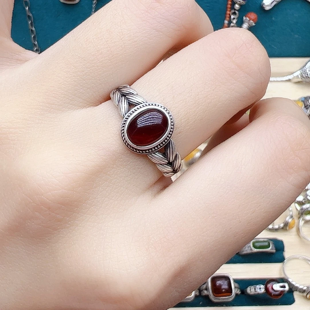 血珀戒指银S925镶嵌天然