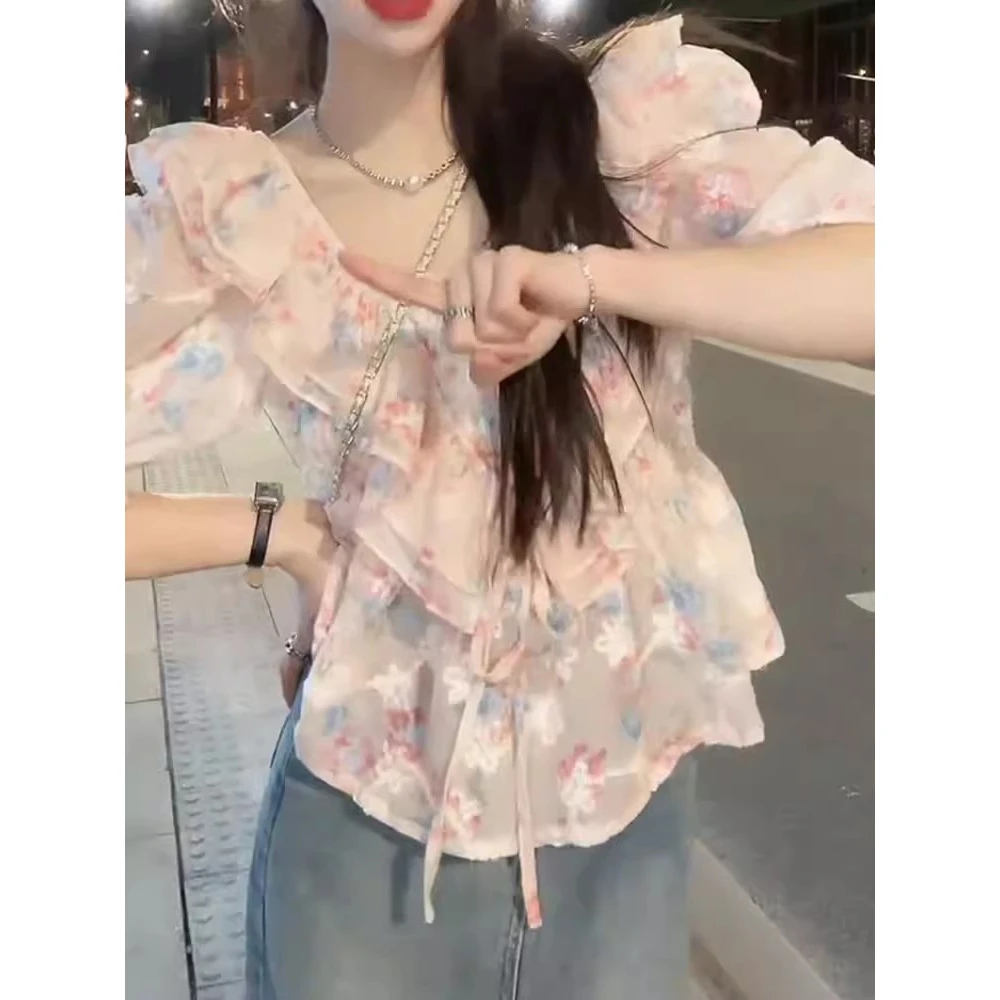 夏季新款一字领甜美碎花衬衫女荷叶边一字肩露肩