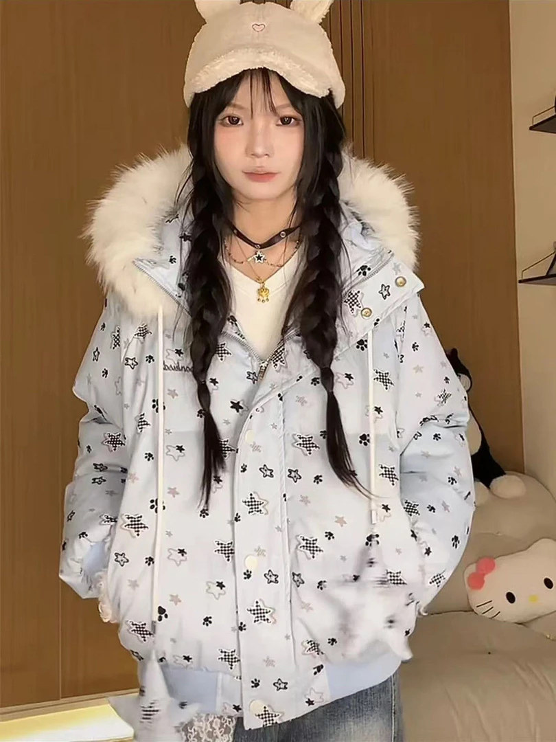 小熊耳朵满印星星毛领连帽棉服外套女冬季新款加厚保暖学生面包服