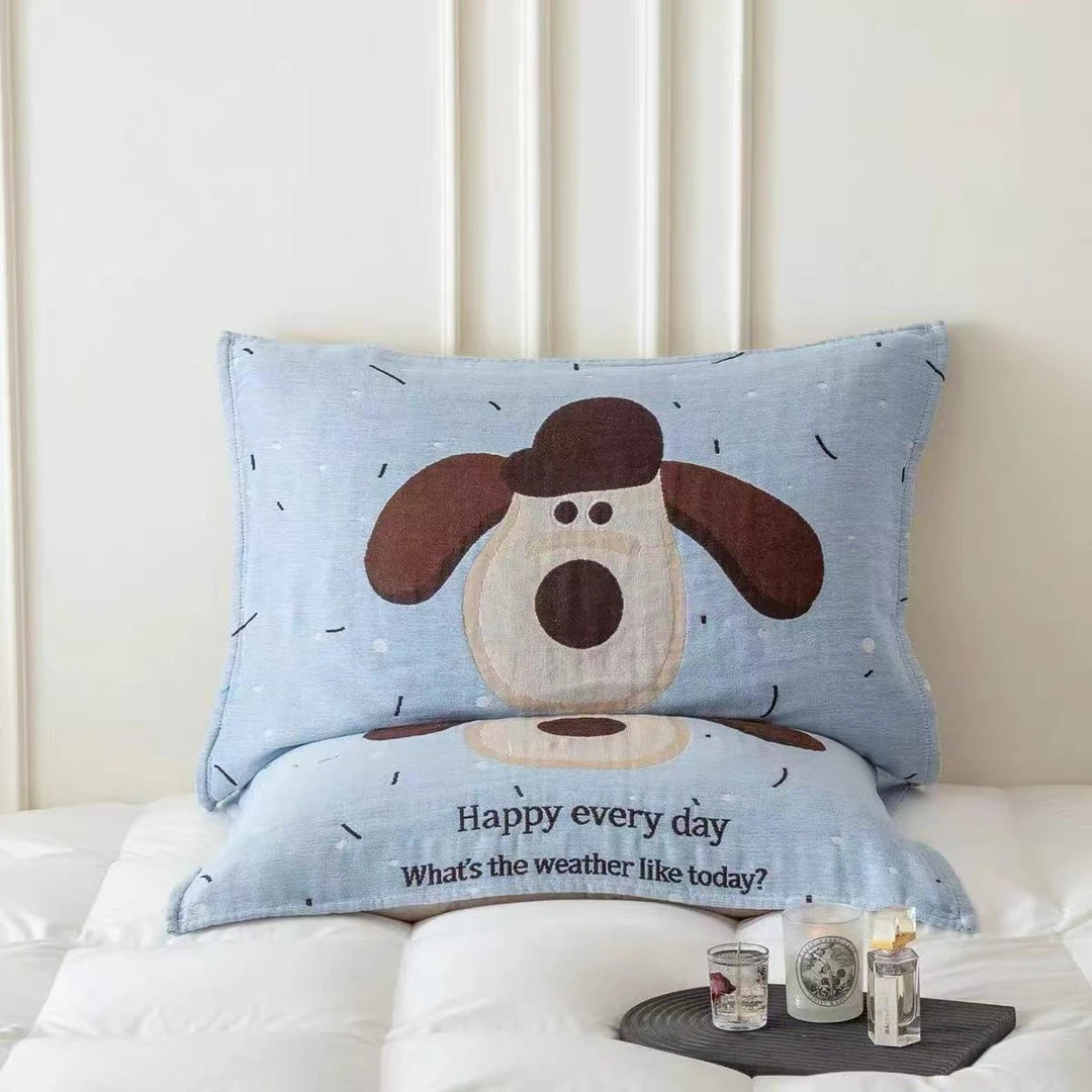 (大耳狗）纯棉透气吸汗提花工艺纱布枕巾一对