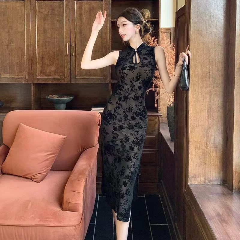 2025夏新新中式网纱印花无袖旗袍连衣裙女显瘦性感开叉中长裙