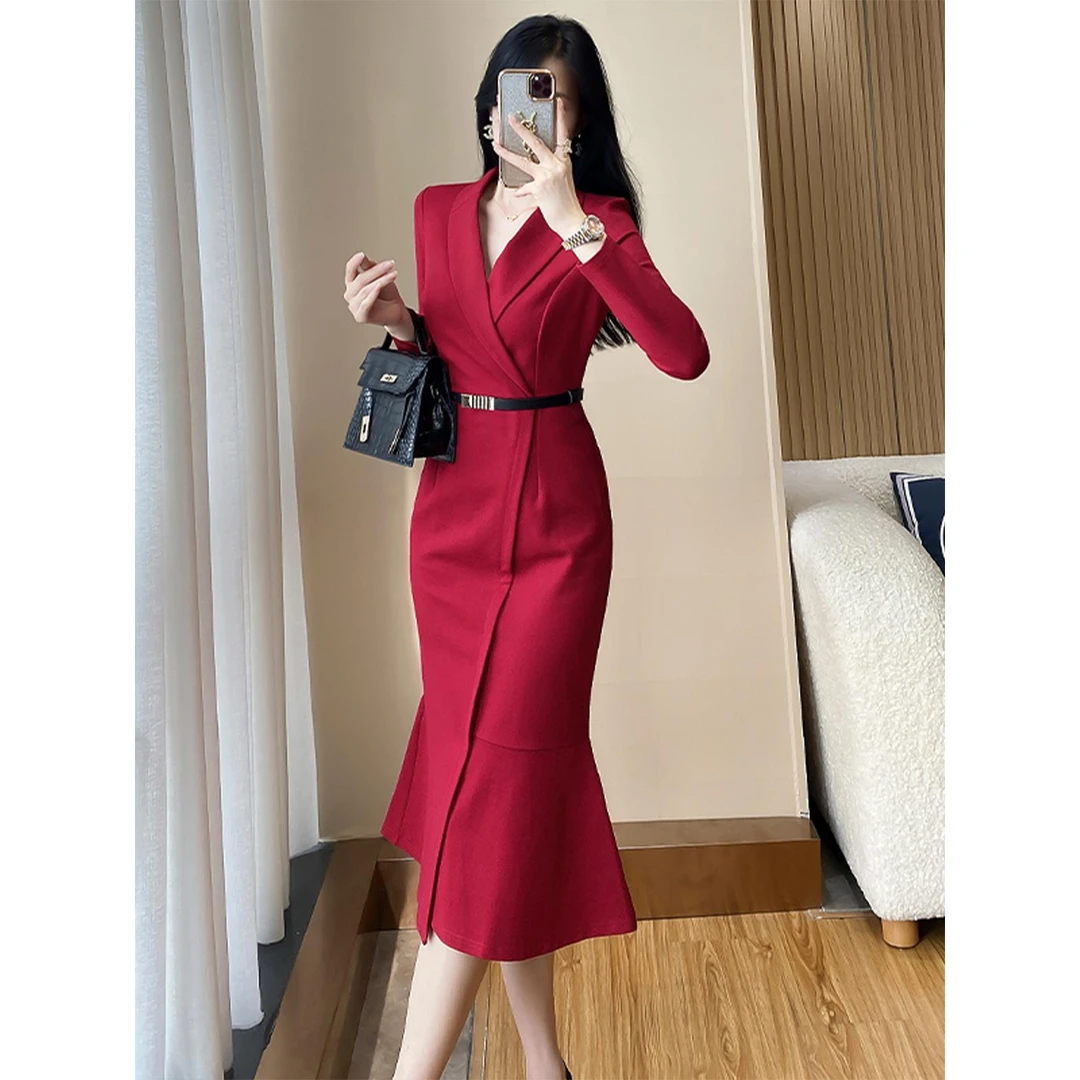 高端职业装女神范连衣裙春秋新款气质干练西装领修身包臀鱼尾长裙