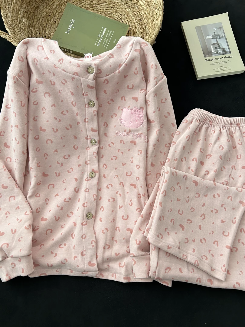 甜系豹纹Kitty猫少女睡衣德绒秋冬保暖带胸垫圆领开衫家居服套装