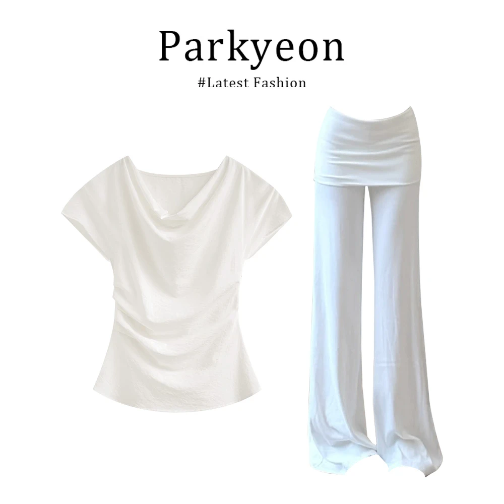 parkyeon法式度假风休闲气质通勤T恤上衣百搭直筒休闲裤两件套装