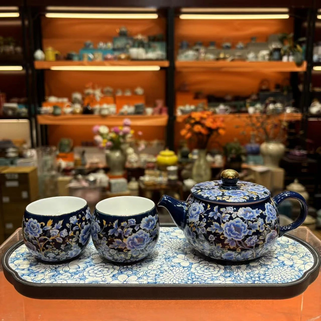 友名 珐琅彩缠枝莲霁蓝色茶壶家用大容量泡茶壶-5508
