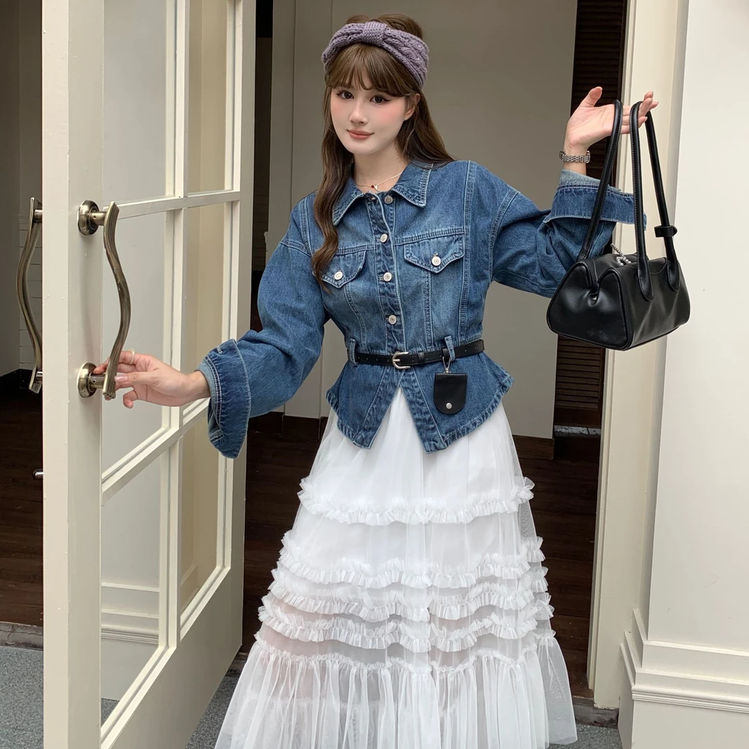 复古牛仔衬衫收腰短外套蕾丝纱裙半身裙两件套ins韩版设计感套装