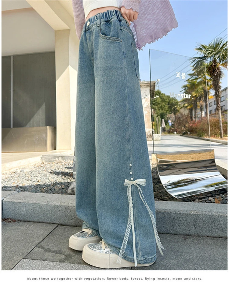 蝴蝶结牛仔裤女童中大童潮流四季流行