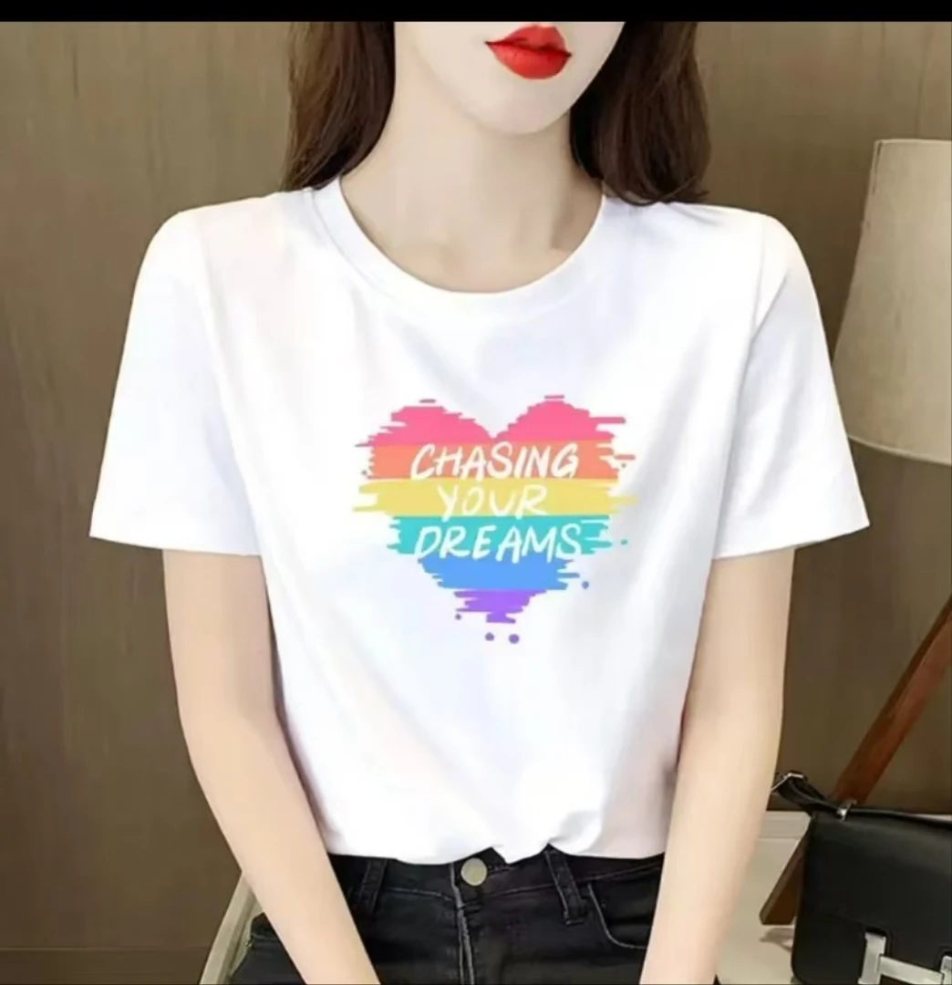 （芳芳惊喜）夏季印花潮流春夏卡通纯棉短袖-彩虹字母爱心