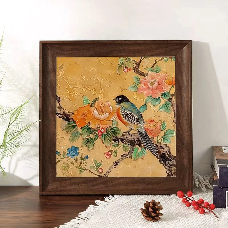 进门柜相框摆画中式古典砂岩画黄色花鸟报喜图餐厅玄关客厅装饰画