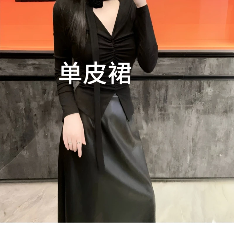 【德美皮裙】2024年新款半身裙女皮裙中长款高腰显瘦大摆裙 a字裙