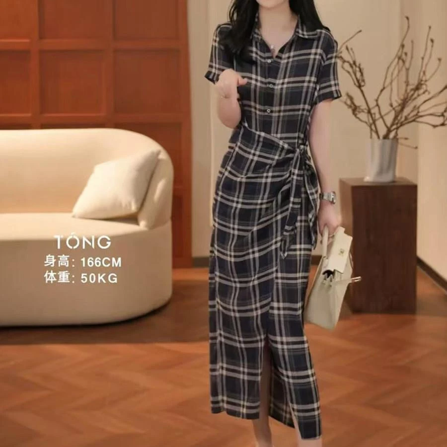 轻奢欧若风格子百搭连衣裙女2025夏季新款设计感收腰显瘦POLO裙子