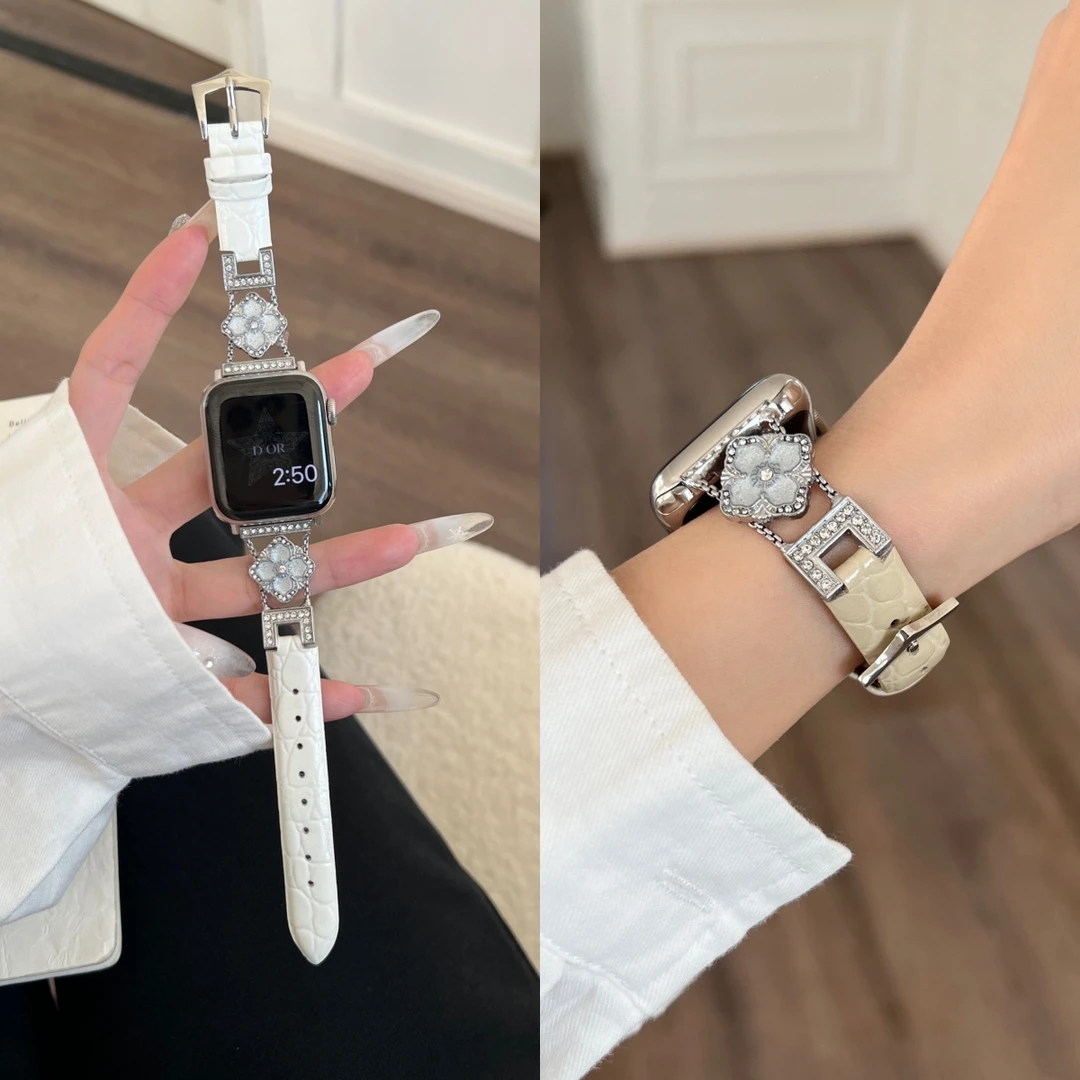 适用applewatchS10表带S9苹果S8手表se新款7圆鳄纹真皮女高级秋冬