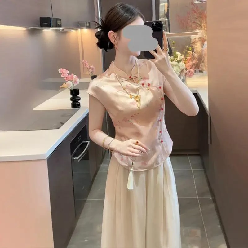 中国风睡衣女夏季2025新款新中式缎面斜门襟上衣长裤家居服可外穿