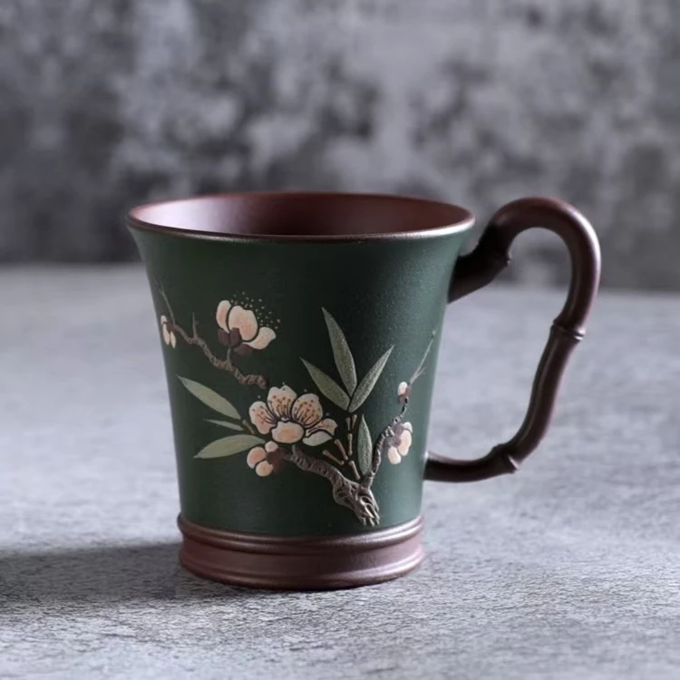 宜兴紫砂茶杯品茗杯客杯 梅霞款 竹节粉浆手绘桃花陶瓷彩绘
