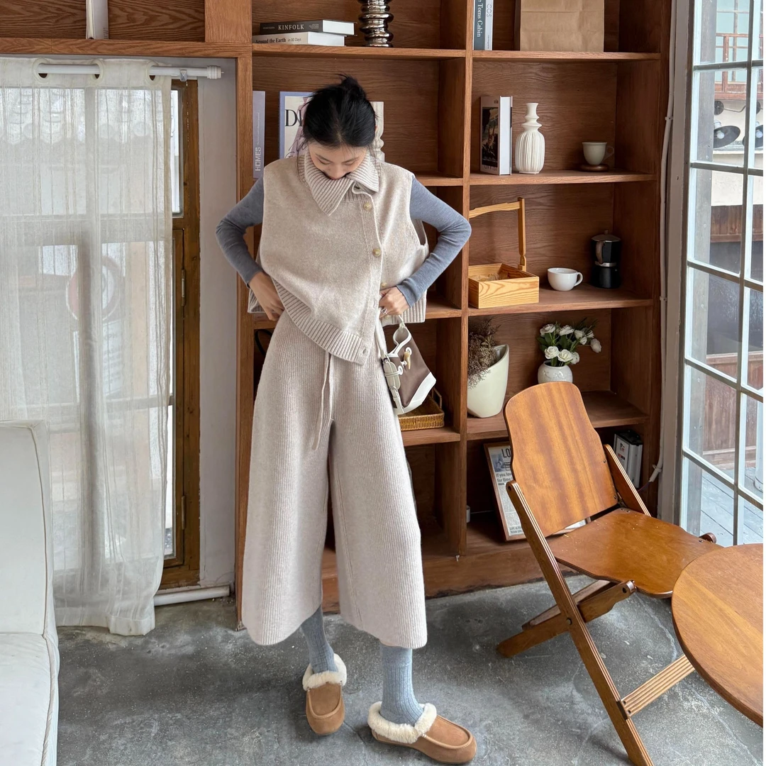 2025秋冬针织毛衣休闲气质马甲女修身打底衣休闲阔腿裤子三件套装