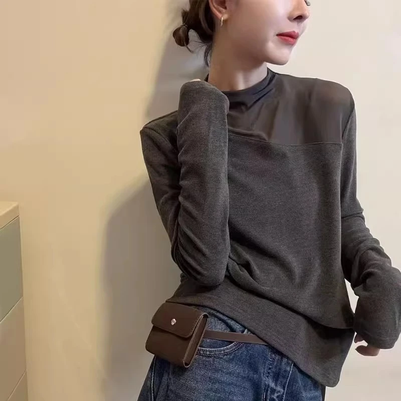 网纱拼接磨毛打底衫女2025秋冬新款韩版时尚加厚洋气百搭显瘦上衣