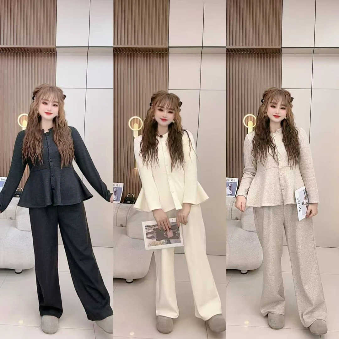 大码冬季加绒温柔系女2025新款韩版减龄上衣高腰阔腿裤两件套装