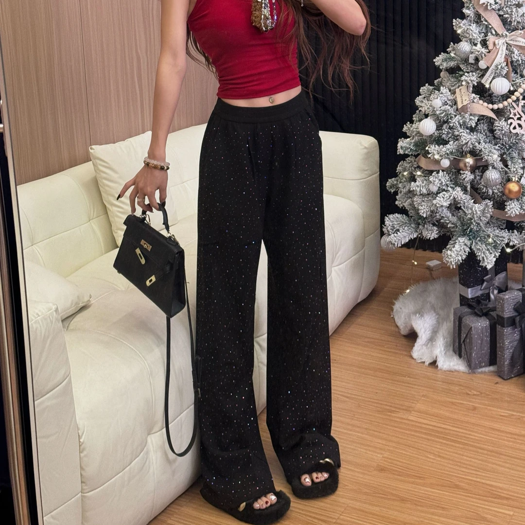 李馨儿【修跨裤】休闲裤运动洋气时尚百搭宽松烫钻韩版显瘦直筒裤