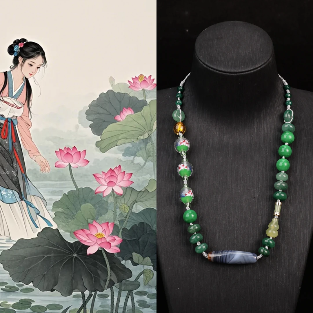合金项链 LZ3941【采荷】绿色内画缠丝瑙瑙非洲岩岩葫芦绳编项链