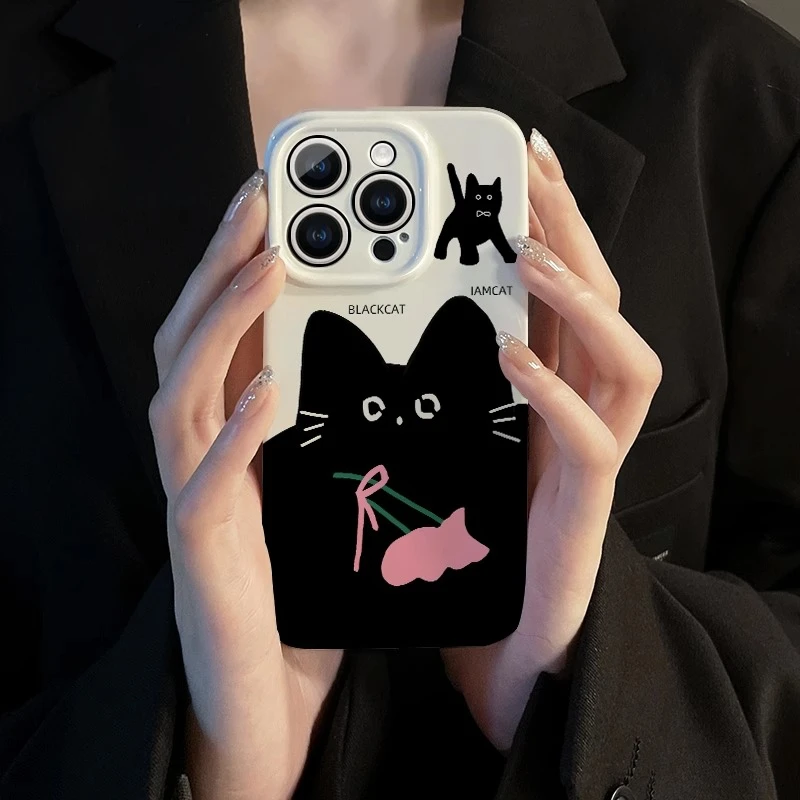 菲林软壳防摔白底黑猫适用苹果16华为reno13小米15vivox200 1加