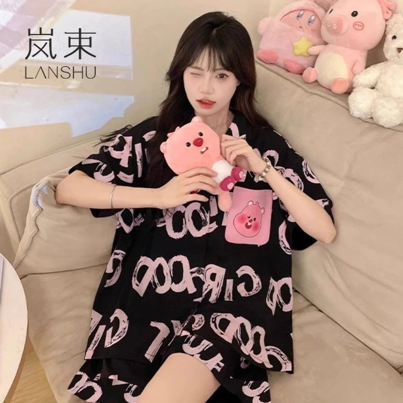 岚束小海狸带胸垫睡衣女款夏季露比可爱短袖黑色家居服套装夏天