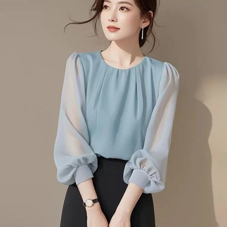 法式绝美长袖蓝色上衣2025秋季新款气质小衫今年流行雪纺衬衫