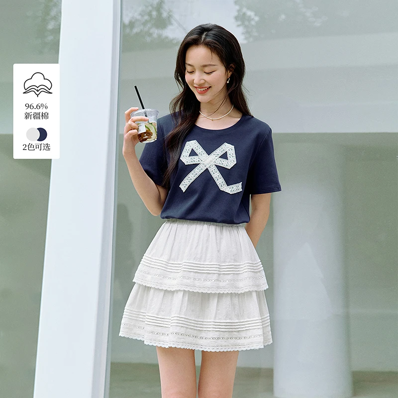 【商场同款】茵曼秋季蕾丝刺绣蝴蝶结T恤女百搭显瘦圆领短袖上衣