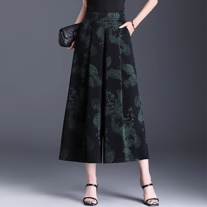 醋酸印花阔腿裤九分裤2025新款裤裙女夏高腰显瘦宽松休闲轻薄裤子