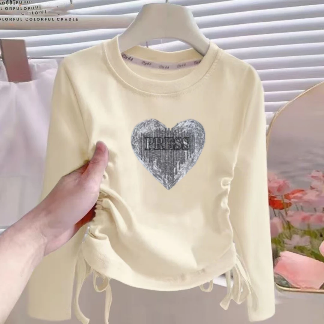 2025新款女童春秋季长袖t恤中大童秋衣洋气百搭抽绳上衣儿童打底