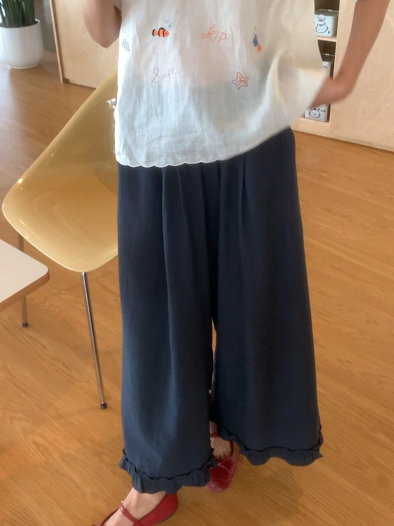 【楠楠】花边设计感松紧高腰垂感百搭休闲裤