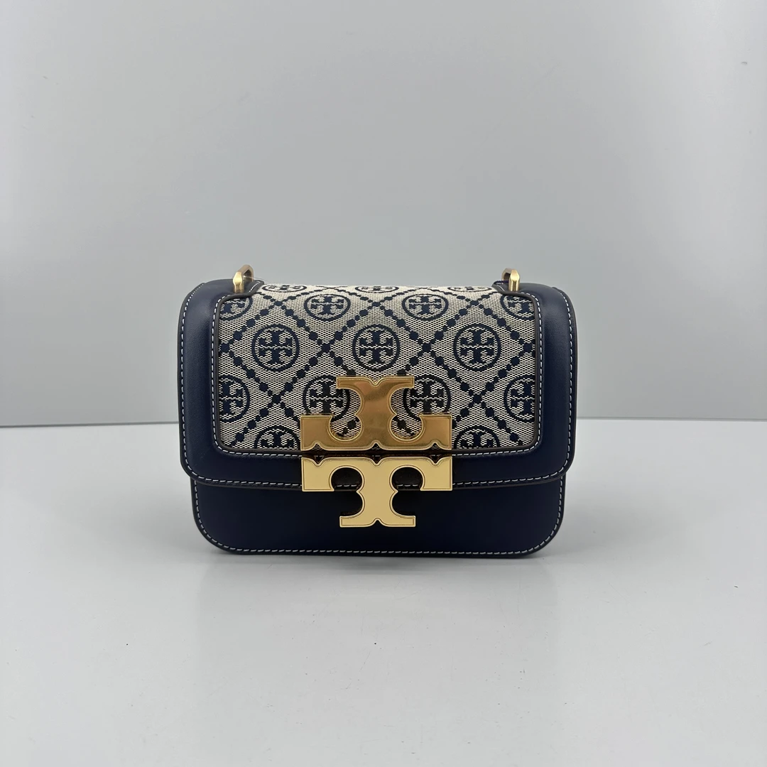95新 TORY BURCH/汤丽柏琦 蓝色织物单肩斜挎包19*13*6cmSM042912