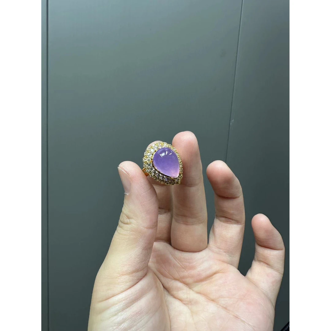 翡翠紫翡14k满钻水滴戒指