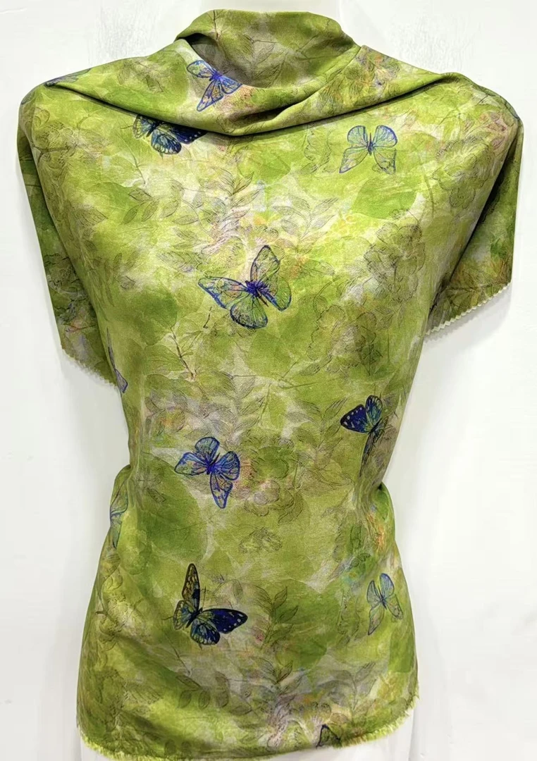 高支丝光棉贡缎 柳绿花蝶 数码印花面料新工艺连衣裙旗袍柔软透气