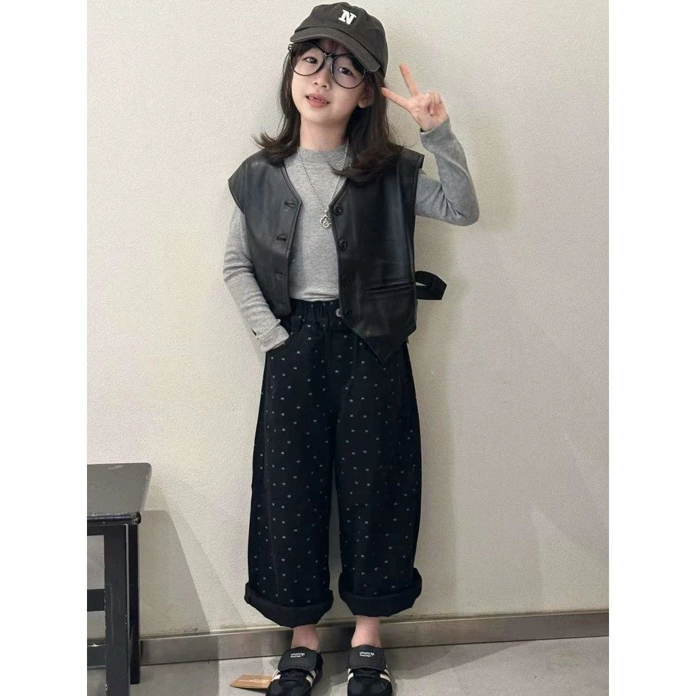 韩国童装2024新款秋装女童套装儿童时髦打底衫爆款皮衣马甲牛仔裤