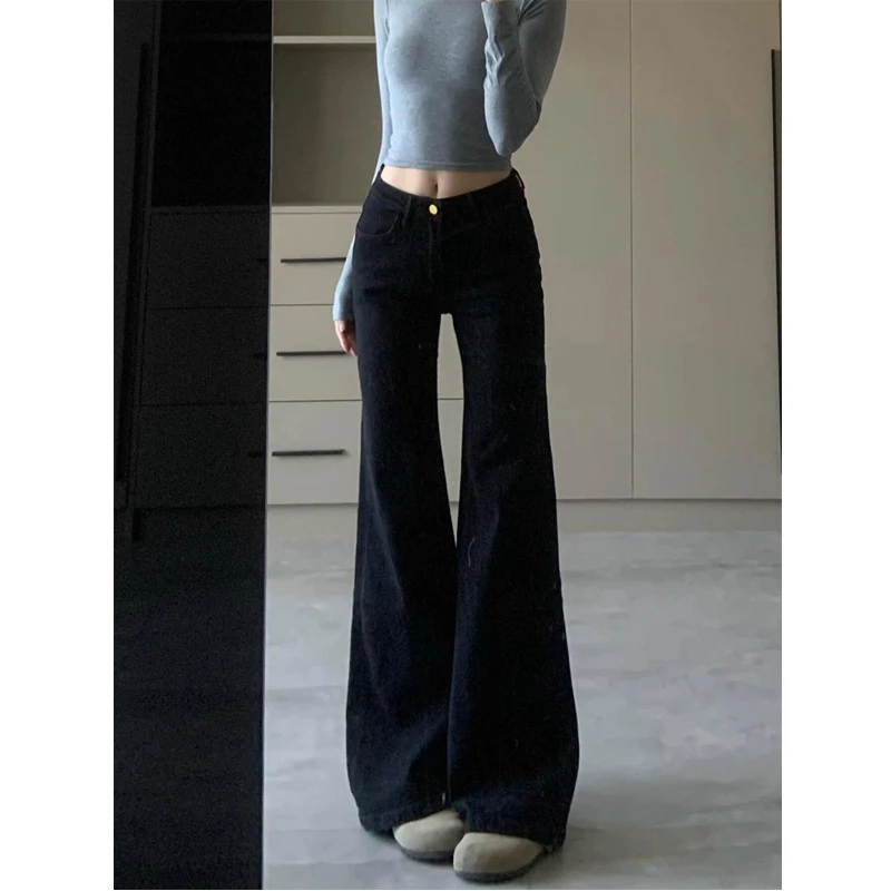 大码美式辣妹黑色低腰阔腿微喇牛仔裤女早秋宽松百搭直筒喇叭裤子