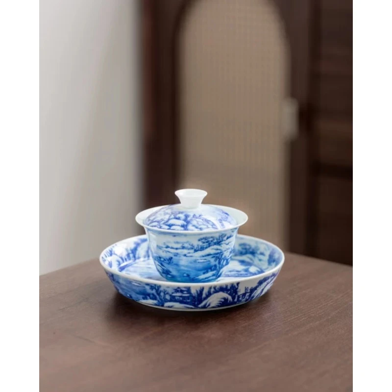 （越记窑）复古青花雪景三才盖碗