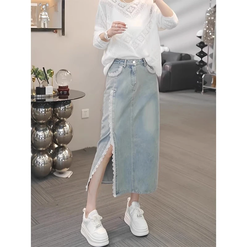高腰蕾丝花边开叉牛仔半身裙女2025春季新款百搭设计感显瘦直筒裙